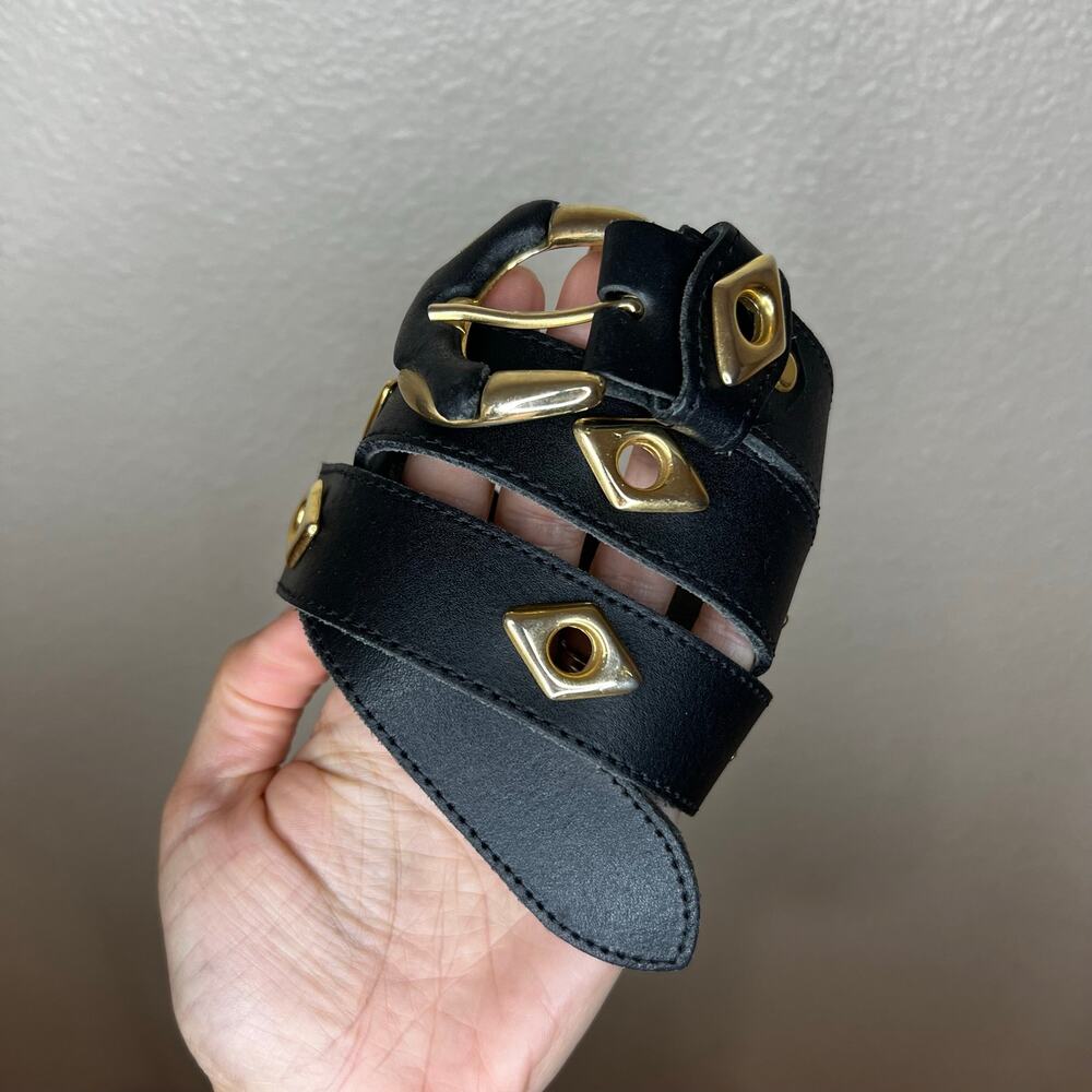 Belt black leather gold diamond studded Vera pelle 36.5” long - Picture 3 of 5